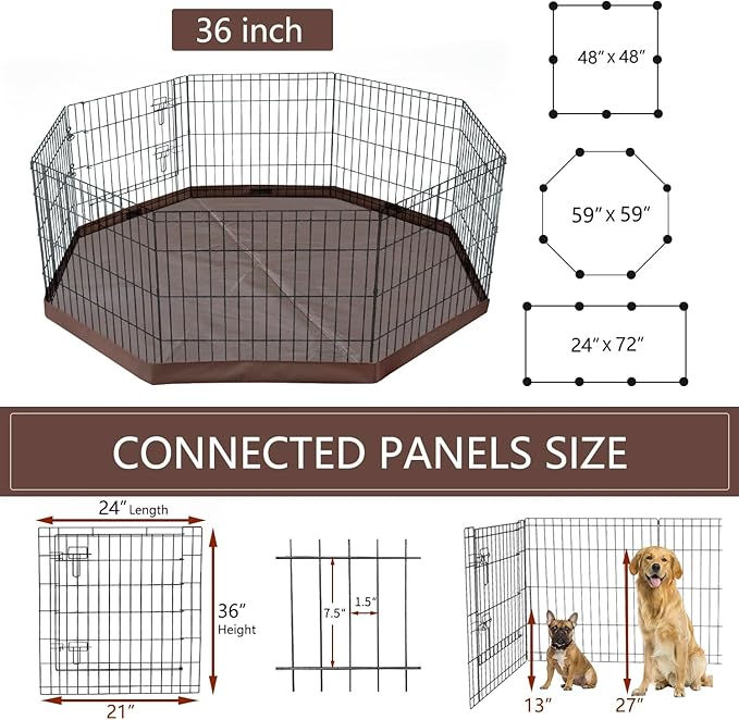 NEZUC Foldable Metal Dog Exercise Playpen Gate Fence Dog Crate 8 Panels 36 Inch Height Puppy Kennels with Bottom Pad for Animals Outdoor Indoor (with Bottom pad, 8 Panels 36" H)