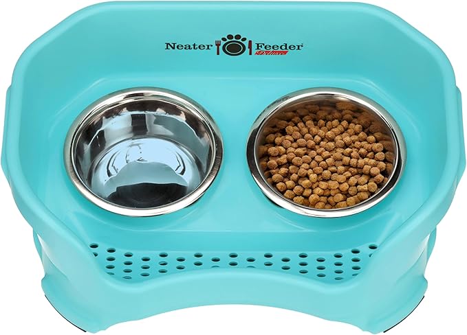 Neater Feeder Deluxe Mess Proof Dog Bowls Elevated for Small Breed – Made in USA – No Spill Raised Dog Food Bowl Stand – Stainless Steel Food and Water Bowl Set, Pet Feeding Station, Aquamarine