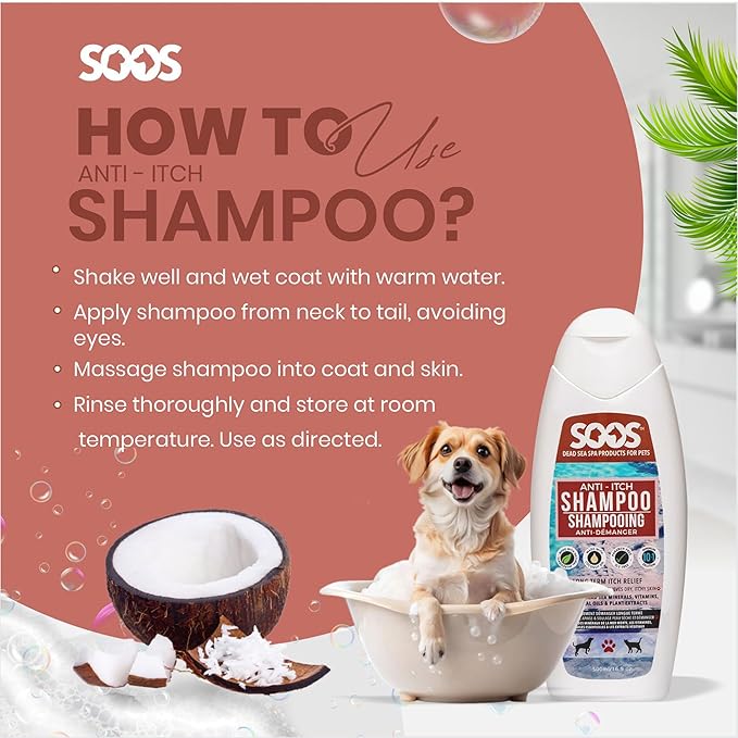 Soos Pet Anti-Itch Shampoo for Dogs and Cats - Natural Dead Sea Fast Absorbing - Clean Fur with Vitamins Minerals Essential Oils Natural Ingredients - 500ml