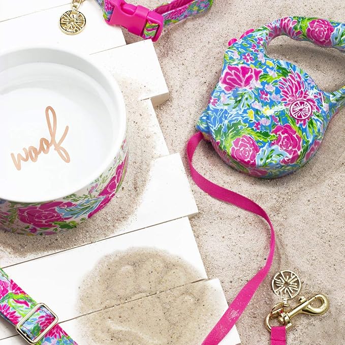 Lilly Pulitzer Adjustable Puppy Dog Collar, Cute Heavy Duty Canvas Collar with Snap Closure and Ring for Leash/Tag, Bunny Business (S/M)