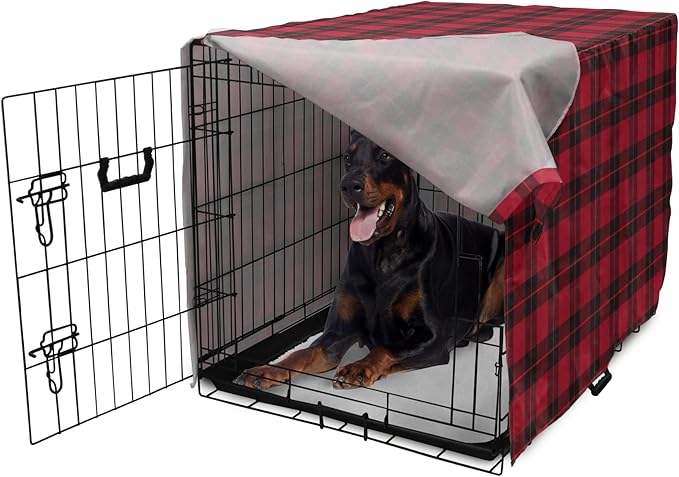 Lunarable Plaid Dog Crate Cover, Geometrical Scottish Ornament Folkloric Celtic Fashion Elements, Easy to Use Pet Kennel Cover for Medium Large Dogs, 42 Inch, Coral Vermilion