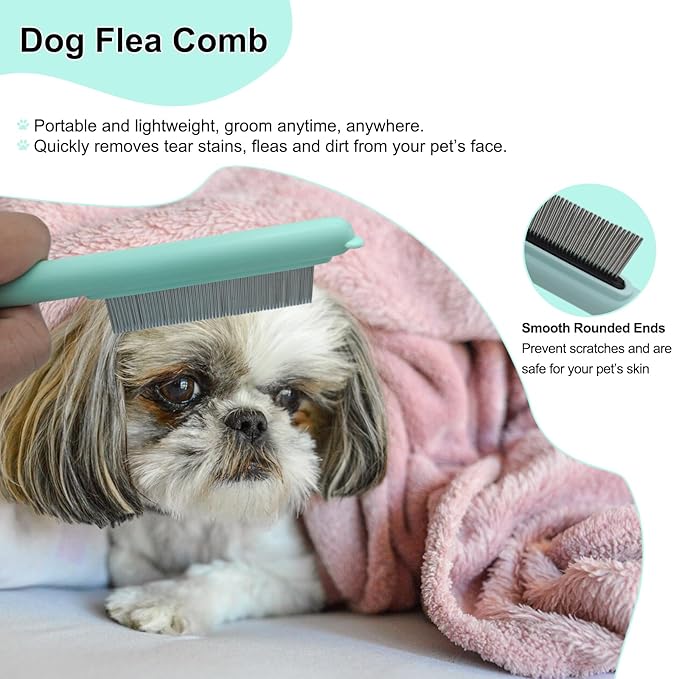 Cute Plastic Dog Comb with Stainless Steel Bristles and Furry Ears Design - Pet Grooming Tool for Removing Dirt and Tangles （Green）