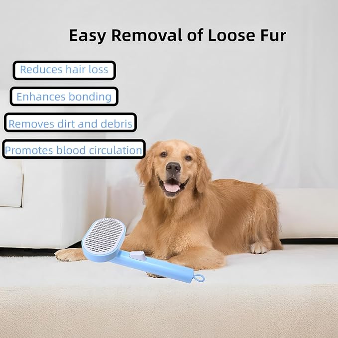 Blue Dog Grooming Brush - Shedding Comb with Soft Silicone Bristles for Long and Short-haired Dogs, Cat Brush, Removes Loose Hair and Tangles