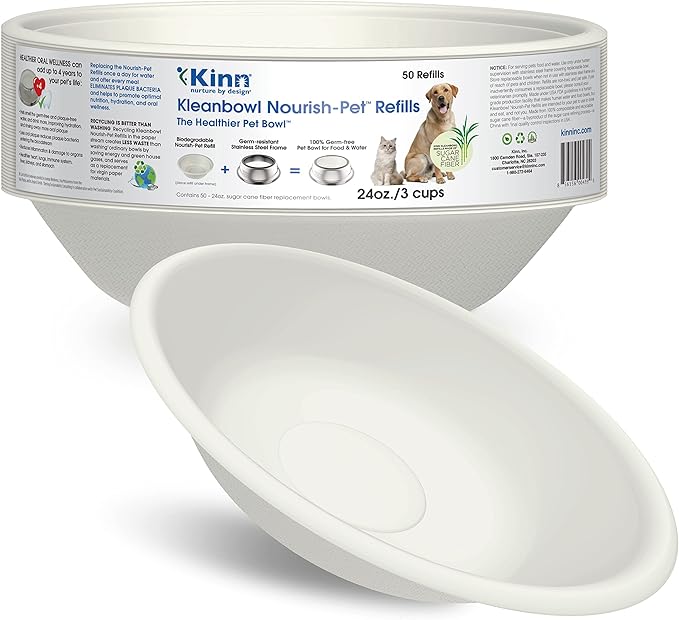 Kinn Kleanbowl Disposable Dog Food Bowls, 24 oz (Pack of 50) - Frame System Refills, Use for Travel, Boarding, or Crate, Compostable Pet Travel Bowl, No Plastic, Leakproof, Portable Dog Dish