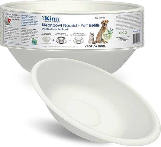 Kinn Kleanbowl Disposable Dog Food Bowls, 24 oz (Pack of 50) - Frame System Refills, Use for Travel, Boarding, or Crate, Compostable Pet Travel Bowl, No Plastic, Leakproof, Portable Dog Dish