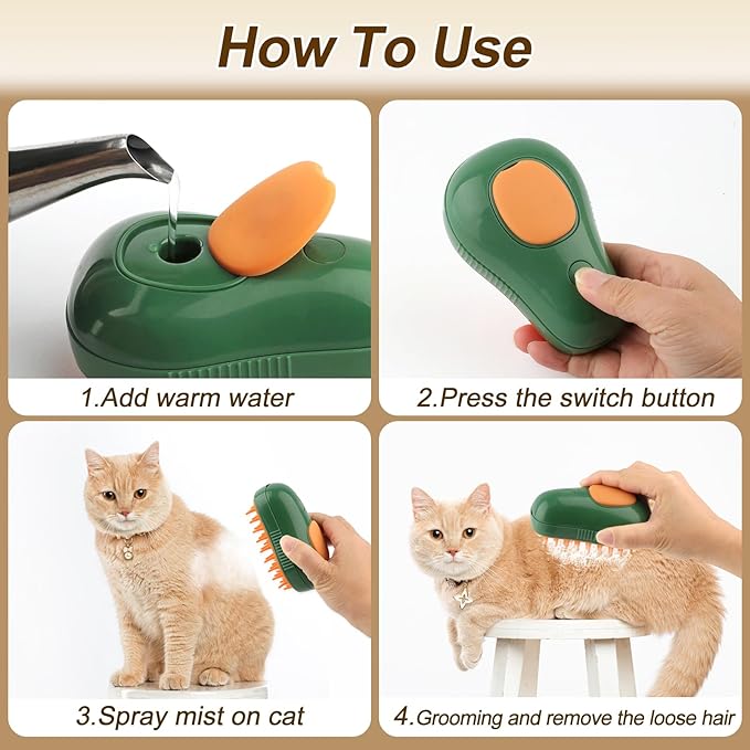 Cat Steam Brush, 3 in 1 Cat Steamy Brush, Silicone Massage Grooming Brush, Pet Hair Cleaning Brush Comb for Cats Dogs(Avocado Green)