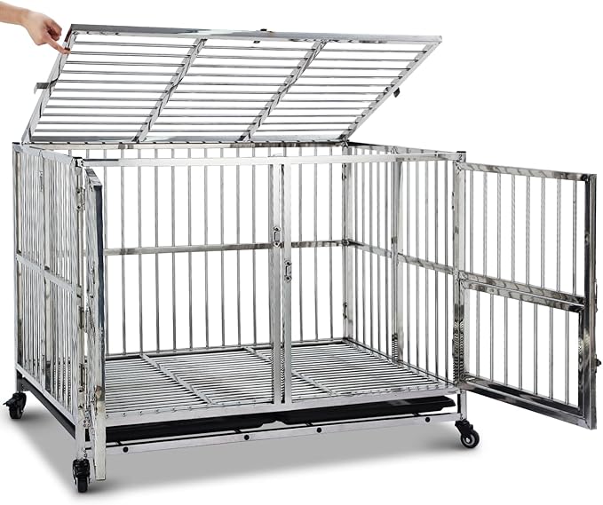 42" Heavy Duty Dog Crate Cage Kennel with Wheels, Full Stainless Steel High Anxiety Indestructible Dog Crate, Sturdy Locks Design, Double Door Small Door Design & Removable Tray Design (Silver)