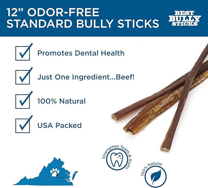 Best Bully Sticks 12 Inch Odor Free Bully Sticks for Dogs, 24 Pack, Bulk Bag 100% Natural, Grass-Fed Beef, Digestible Bully Bones, Grain and Rawhide Free, Odorless Dog Bully Sticks for Large Dogs