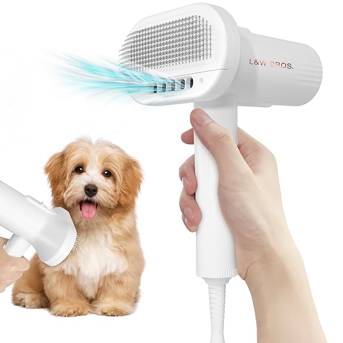 L&W BROS. Low Noise Pet Dryer for Small Dogs - 2-In-1 Indoor Grooming Dryer with Slicker Brush, Adjustable Temperature and Overheating Protection (White)