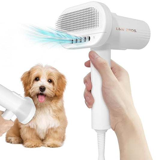 L&W BROS. Low Noise Pet Dryer for Small Dogs - 2-In-1 Indoor Grooming Dryer with Slicker Brush, Adjustable Temperature and Overheating Protection (White)