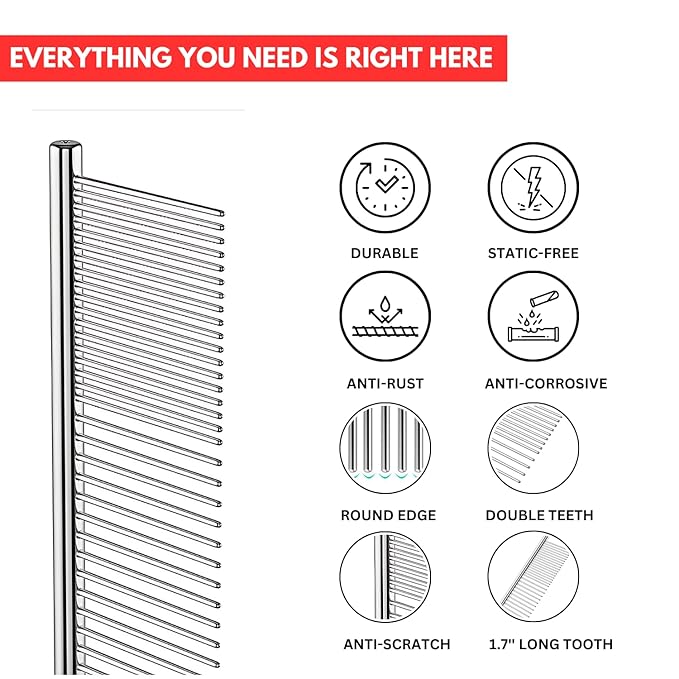 Chrome Pet Grooming Comb Premium Stainless Steel Dematting Tool with Rounded Teeth for Dogs & Cats Best for Removing Knots,Tangles,Perfect for Long & Short Haired Pets (Chrome)