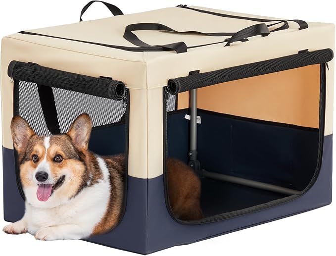 PETSFIT Soft Dog Crate, with Patented Adjustable Fabric Cover, Chewproof & Lockable Mesh Doors, Waterproof Base Portable Kennel Beige 30 Inch