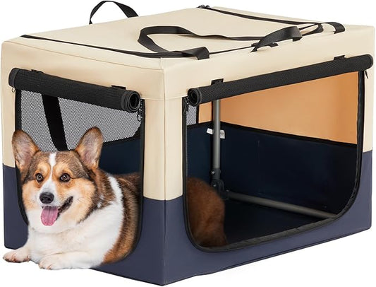 PETSFIT Soft Dog Crate, with Patented Adjustable Fabric Cover, Chewproof & Lockable Mesh Doors, Waterproof Base Portable Kennel Beige 30 Inch