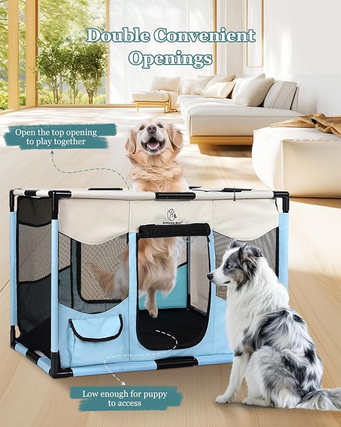 Dog Playpen, Sturdy Puppy Playpens, 32x24x22 Portable Soft Cat Kennel Crate, Indoor & Outdoor Pet Pen with PVC Pipe Frame, Lightweight Cage for Small Animals with Carrying Bag (Blue M)