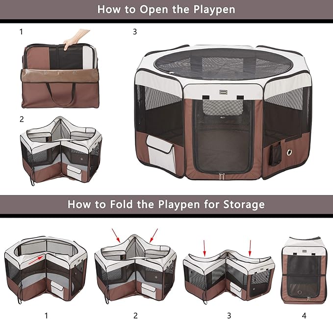 DONORO Dog Playpen 29" Portable Pet Play Pens for Small Dog/Cat/Rabbit/Chicks, Foldable Exercise Kennel Tent Crate Indoor/Outdoor Travel Camping, Removable Top/Bottom (Brown, Small (29"x29"x15"), 8)