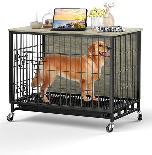 Dog Crate Furniture, 32.5" Wooden Dog Kennel Indoor, Double Doors Dog Cage with Removable Tray, Wheels, Large Dog Crate End Table for Medium/Large Dogs, Grey