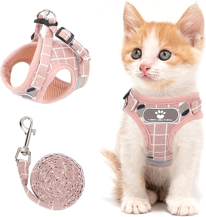 Cat Vest Harness and Small Dog Vest Harness for Walking, All Weather Mesh Harness, Cat Vest Harness with Reflective Strap, Step in Adjustable Harness for Small Cats (Pink-Pattern, S)