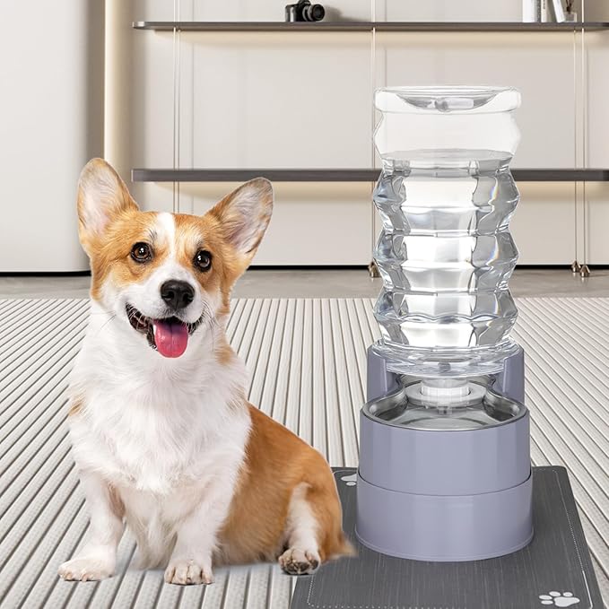 RIZZARI 8L Raised Automatic Pet Waterer, Gravity fed Stainless Steel Waterer, 100% BPA Free, Large Capacity Feeder for Cats and Medium to Large Dogs (Gray,8L)