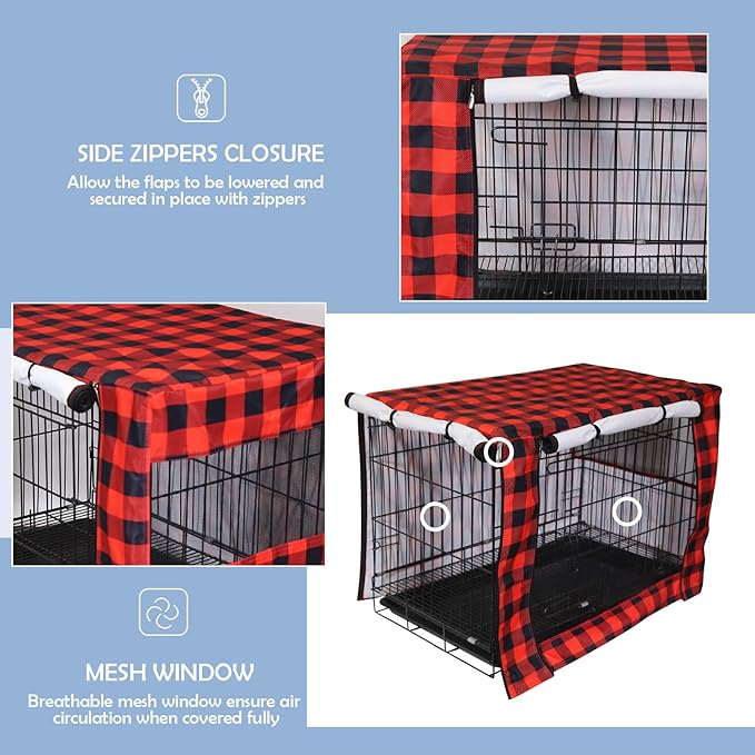 Pethiy Dog Crate Cover Durable Polyester Pet Kennel Cover Universal Fit for Wire Dog Crate - Fits Most 48 inch Dog Crates - Cover only-Red Plaid-48