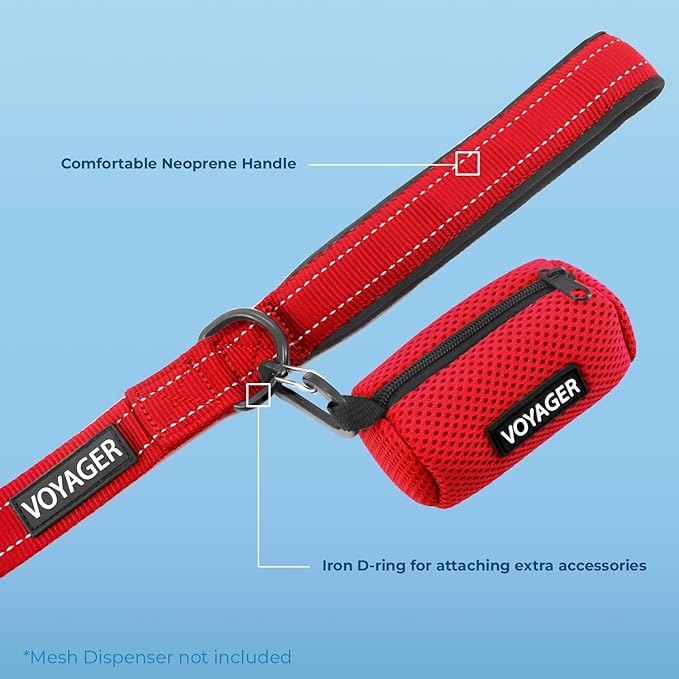 Voyager Reflective Dog Leash Collar Set with Neoprene Handle Supports Small, Medium, and Large Breed Puppies, Cute and Heavy Duty for Walking, Running, and Training - Red, M