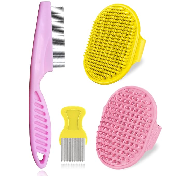 4Pack Pet Grooming Brush Kit, Aoche Dog Bath Brush Flea Comb for Dogs Pet Shampoo Brush Soothing Massage Rubber Comb Flea Lice Comb Cat Tear Stain Comb Dog Brush for Shedding, Pink+Yellow