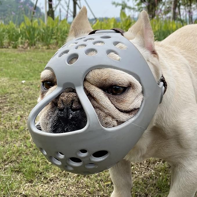 BARKLESS Short Snout Dog Muzzle, Soft Silicone Flat Faced Muzzle for French Bulldog Shih Tzu and Pug for Biting Chewing Licking and Grooming, Allows Panting