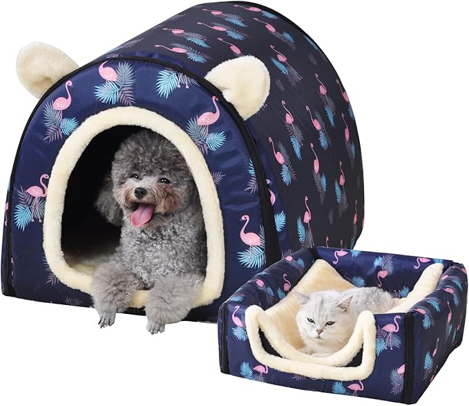 Dog Bed or Cat Bed,2 Ways to Use,Indoor Pet House with Fluffy Mat,Removable and Washable Cover,Splash-Proof House and Non-Slip Bottom,for Medium Dogs and Cats(L Flamingo)