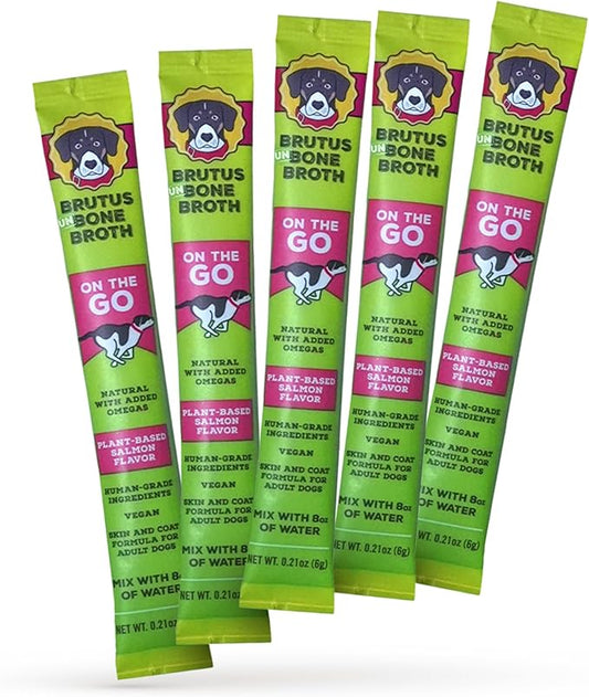 Brutus Broth Instant On The Go Vegetable Powder for Dogs - Vegetable Powder with Omegas 3, 6 & 9 & Turmeric - Human Grade Dog Food Toppers for Dry Food & Picky Eaters - 5 Stick (Salmon Flavor)