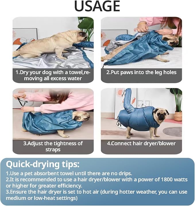 MANON ROSA Dog Drying Bag Hands Free Quick Drying Pet Grooming Tool for Small Medium Large Puff Fluff Dogs & Cats, 360 Degree Shower Bath Hair Dryer Suit (X-Large)