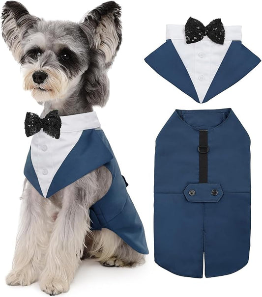 Kuoser Dog Tuxedo Dog Suit and Bandana Set, Dogs Tuxedo Wedding Party Suit, Doggy Prince Bow Tie Shirt Formal Pet Wedding Attire for Large Medium and Small Dogs Golden Retriever Samo Bulldogs