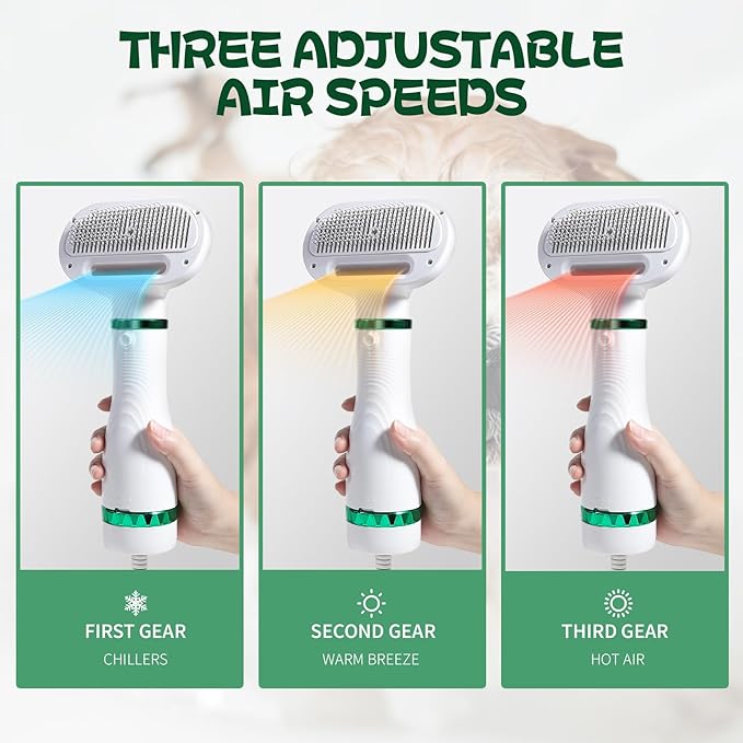 Pet Hair Dryer with Slicker Brush - 3 Heat Settings, One-Button Hair Removal, Portable Dog Blower - Professional Home Grooming Furry Drying for Small Large Cat Dog