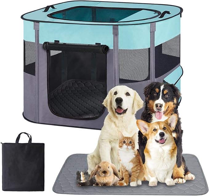 Pet Dog Cat Playpen Tent,Foldable Cat Cage Kennel,Portable Collapsible Puppy Crate for Indoor Outdoor Travel Camping Use with Washable Pad,Water-Resistant Breathable Shade Cover Green M