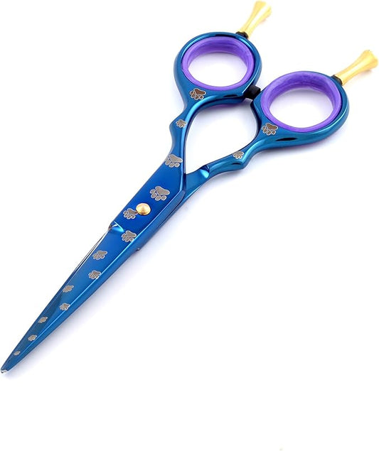 5.5" Professoinal Pet Grooming Scissors Double Finger Rest, Blue Titanium Coating, Dog Paws Laser Engraved