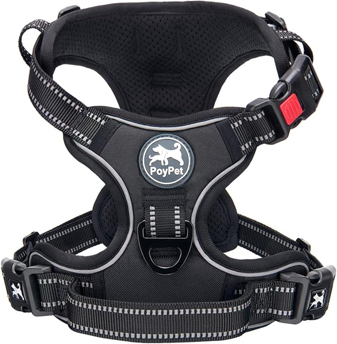 PoyPet No Pull Dog Harness, No Choke Front Lead Dog Reflective Harness, Adjustable Soft Padded Pet Vest with Easy Control Handle for Small to Large Dogs(Black,XS)
