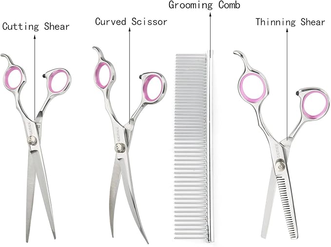 GEMEK Pet Cat Dog Grooming Scissors Set 4 Pieces Stainless Steel Professional Pet Trimmer Kit - 7.5 inch Straight Cutting Scissors, Thinning Shears, Curved Scissors, Grooming Combs