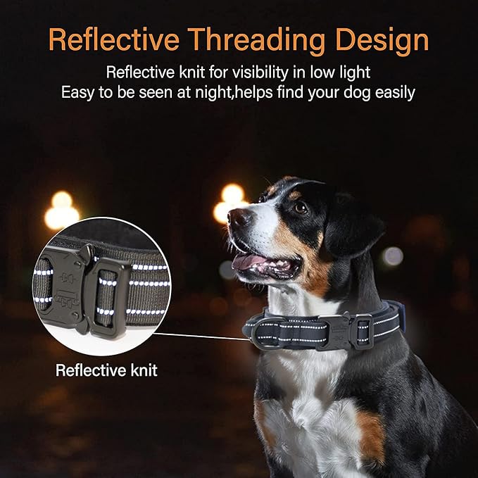 KCUCOP Tactical Dog Collar, Heavy Duty Dog Collar with Handle and Metal Buckle, Military Thick Dog Collars for Medium and Large Dogs(Black-L-Reflective, 1 Patch)