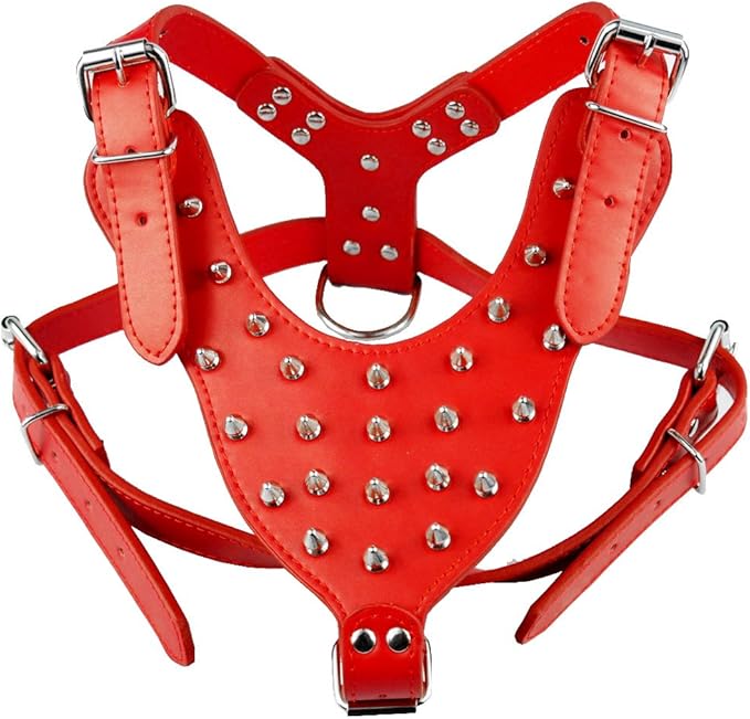 Spiked Leather Dog Harness Chest for 26"~34" Large Dogs Pitbull Mastiff Boxer Bully Black/Pink/Red/Gold Brown/Leopard/Brown (Spiked Red)