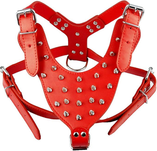 Spiked Leather Dog Harness Chest for 26"~34" Large Dogs Pitbull Mastiff Boxer Bully Black/Pink/Red/Gold Brown/Leopard/Brown (Spiked Red)