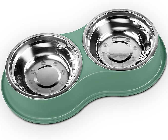 Dog Bowls Large Double Dog Water and Food Bowls Stainless Steel Bowls with Non-Slip Resin Station, Pet Feeder Bowls Food Dish for Small Medium Large Dogs Cats
