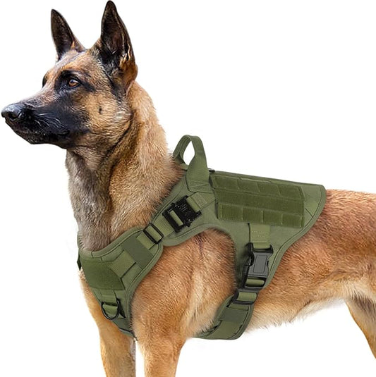 rabbitgoo Tactical Dog Harness for Large Dogs, Heavy Duty Dog Harness with Handle, No-Pull Service Dog Vest Large Breed, Adjustable Military Dog Vest Harness for Training Hunting Walking, Green, L