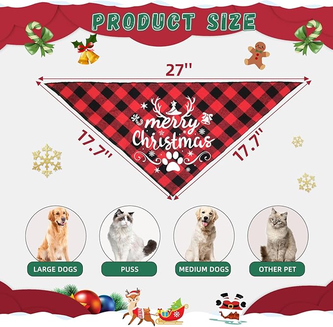 4 Pack Merry Christmas Dog Bandanas Classic Stylish Plaid Xmas Dog Christma Bandana Pet Scarf Bibs Gift Set Dogs Bandanas Christmas for Small Medium Large Puppy Pets