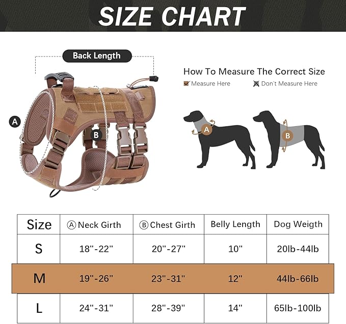 No Pull Tactical Dog Harness for Medium Dogs, Escape Proof Molle Dog Vest Harness and Leash Set, Adjustable Military Service Dog Harness with Handle for Medium Large Dogs(Brown,Medium)