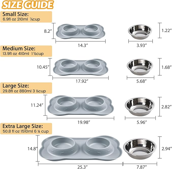 Hubulk Pet Dog Bowls 2 Stainless Steel Dog Bowl with No Spill Non-Skid Silicone Mat + Pet Food Scoop Water and Food Feeder Bowls for Feeding Small Medium Large Dogs Cats Puppies (Extra Large, Gray)