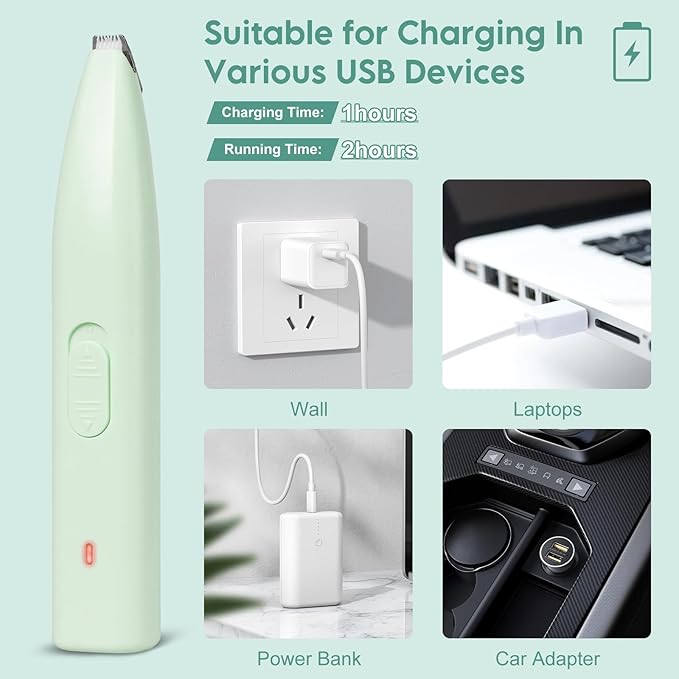 Dog Clippers for Grooming, Dog Paw Trimmer, Pet Paw Trimmer, Mini Trimmer for Dogs, Rechargeable, Low Noise for Trimming Dog Cat Hair Around Paws, Eyes, Ears, Face, Rump (Green)