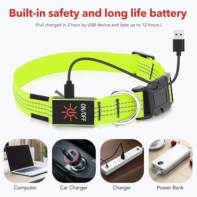 LED Dog Collar - USB Rechargeable Light Up Dog Collar Lights, Adjustable Comfortable Soft Safety Dog Collar for Night Walking (Green, Medium)