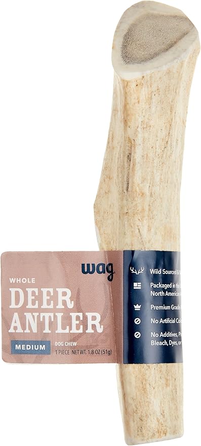 Amazon Brand - Wag Deer Antler Chew for Dogs, Naturally Shed, Whole, Medium 6 - 7.5 inches, Best for Dogs 15-30 lbs, 1.80 Ounce (Pack of 1)