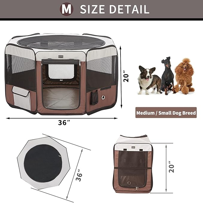 DONORO Dog Playpen 36" Portable Pet Play Pens for Small Dog/Cat/Rabbit/Chicks, Foldable Exercise Kennel Tent Crate Indoor/Outdoor Travel Camping, Removable Top/Bottom (Brown, Medium (36"x36"x20"), 8)