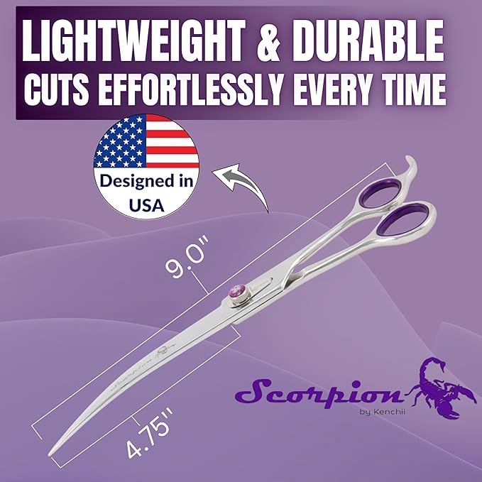 Kenchii Scorpion 9 Inch, Curved Grooming Scissors for Dogs and Pets - Premium Steel Scissors for Dog Grooming - Dog Shears Pet Grooming Accessories - Pet Hair Trimming Scissor