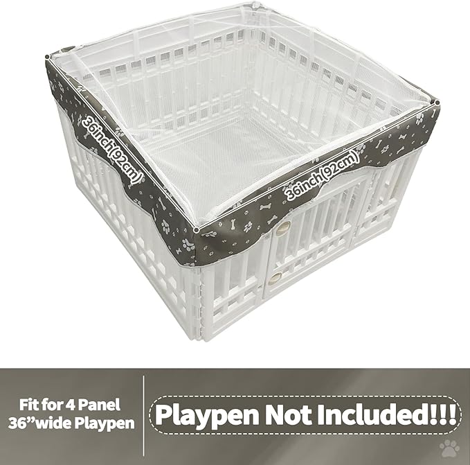 PJYuCien Dog Playpen Mesh Top Cover, Fits 36 Inch 4 Panels Regular Square Plastic Exercise Pet Pen, Adhesive Tape Connections, Grey paw(Note: Cover Only, Fence Not Included)