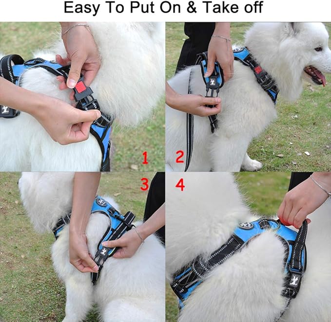 PoyPet Dog Harness No Pull, Reflective Adjustable No Choke Pet Vest with Front & Back Clips, Soft Padded and Control Training Handle for Large Dogs(Blue,XL)